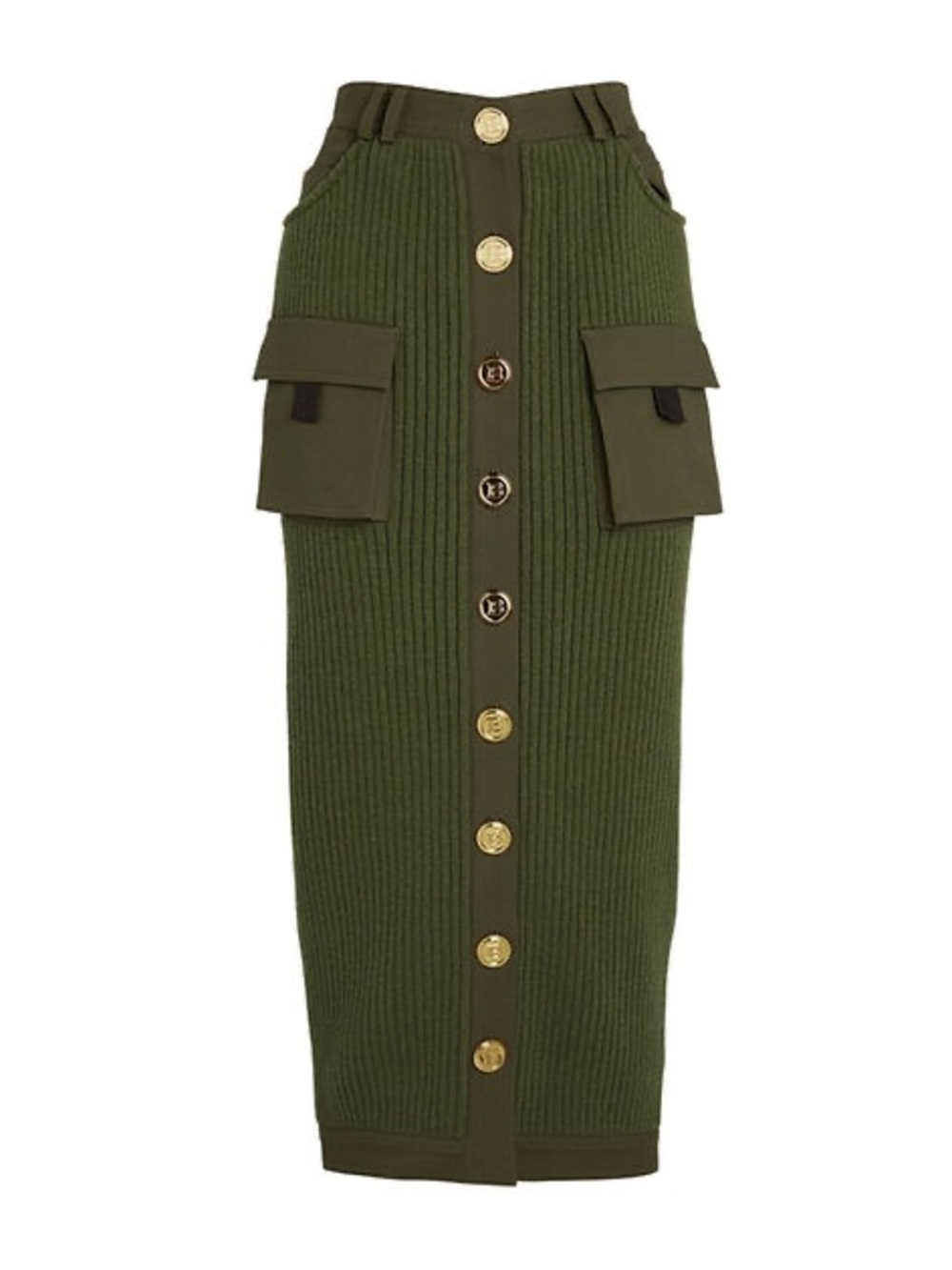 BALMAIN Olive Green Ribbed Midi Skirt with Gold Buttons (NWT)